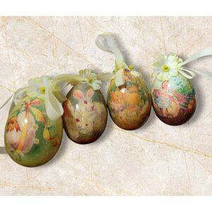 Vintage Mini Decoupage Easter Egg Ornaments Set of 4 Spring Floral Ribbon